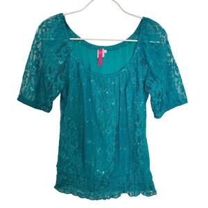 Candies Green Lace Top with Sequins and Ruched Hem Size M